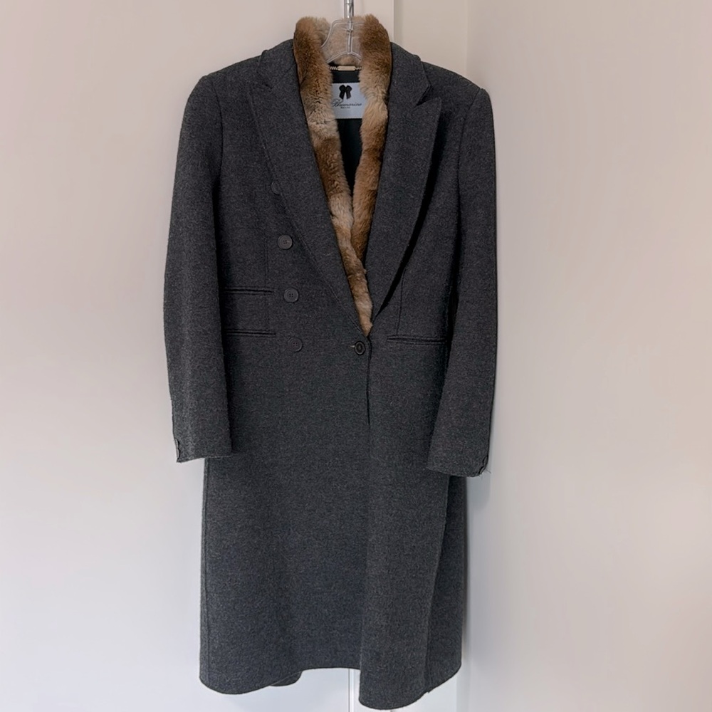 Blumarine Gray Wool Coat with Removable Collar